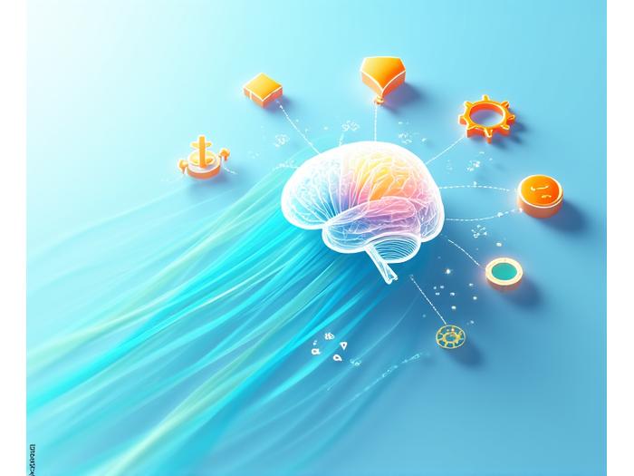 Infografica che illustra il processo di analisi dati tramite AI, con flussi di dati e simboli di apprendimento automatico