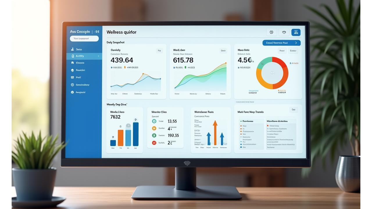 Schermata dettagliata di una dashboard interattiva di benessere con metriche quotidiane, andamenti settimanali e analisi mensili