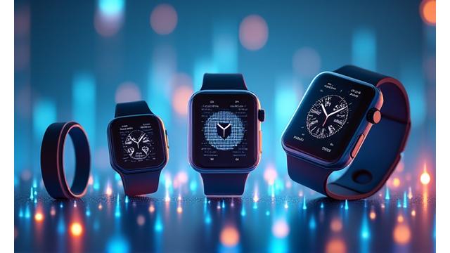 Dispositivi wearable come smartwatch e anelli smart connessi a un'interfaccia utente visiva