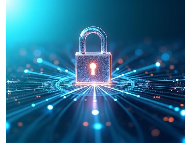 Icona di un lucchetto di sicurezza sopra un'astrazione di dati digitali, a simboleggiare protezione e confidenzialità