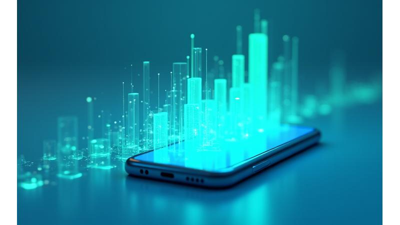 Visualizzazione di dati astratti con grafici e icone di app, che simboleggia l'analisi del tempo di utilizzo dello schermo e delle notifiche. Design pulito e moderno.
