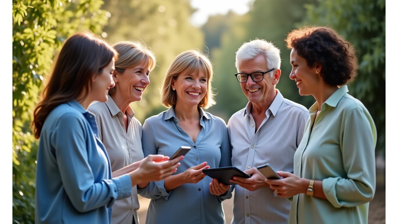 Gruppo di persone sorridenti e consapevoli che interagiscono in un ambiente luminoso e naturale, con elementi digitali discreti e bilanciati che li circondano, simboleggiando la community di supporto di VitaAurora.