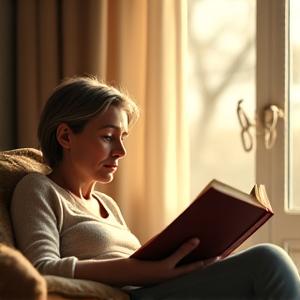 Persona che legge un libro in un ambiente tranquillo, con un'illuminazione calda, simboleggiando un periodo senza tecnologia e dedizione al relax.