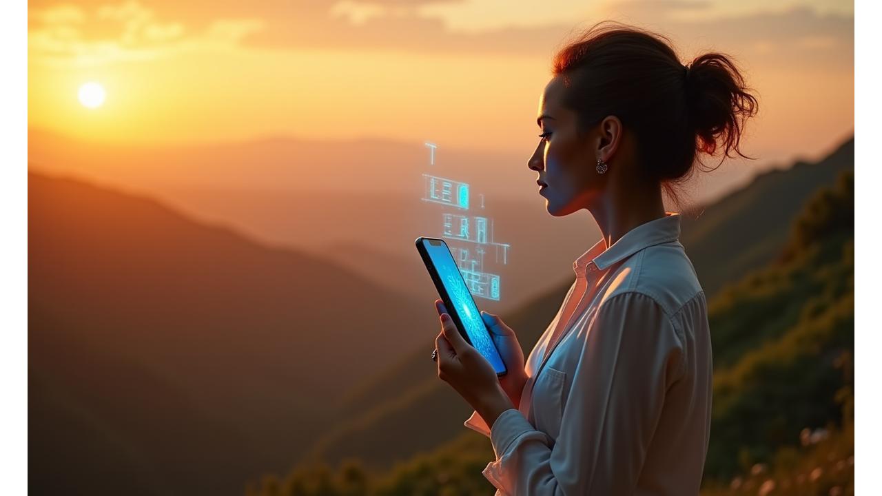 Persona serena che guarda un tramonto, con un'interfaccia olografica minimalista di uno smartphone in trasparenza, simboleggiando l'equilibrio tra vita reale e digitale. Sullo sfondo, un grafico astratto che mostra la riduzione del tempo di utilizzo dello schermo.