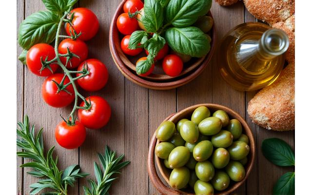 Ingredienti freschi della dieta mediterranea: pomodori, olive, erbe aromatiche, olio d'oliva.
