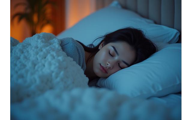 Persona serena che dorme profondamente in un letto confortevole.