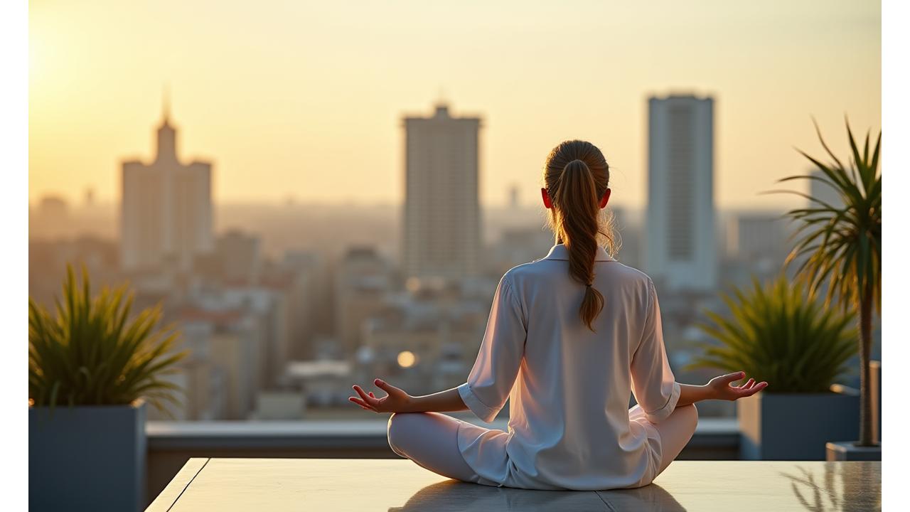 Donna sorridente che pratica yoga al tramonto su un rooftop a Milano, sullo sfondo si intravedono i grattacieli.
