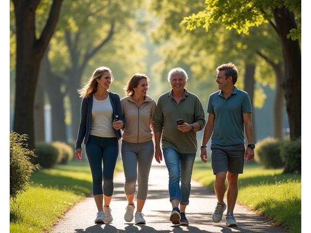 Un gruppo di persone che camminano sorridendo in un parco verde sotto il sole, evocando un'attività fisica all'aperto.