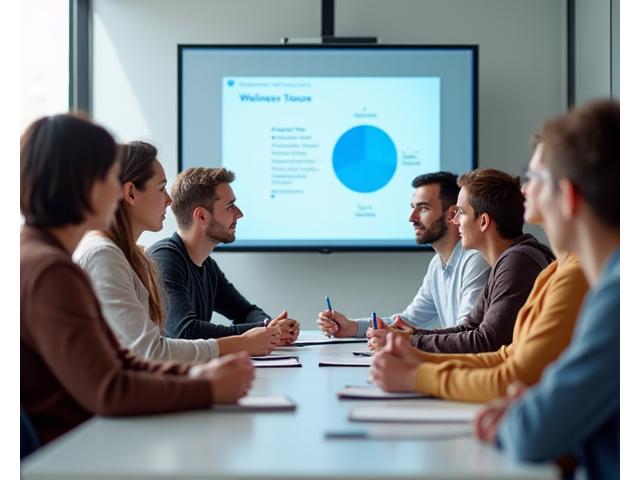 Un gruppo di persone che imparano e interagiscono in un workshop interattivo, simboleggiando la crescita e l'apprendimento.