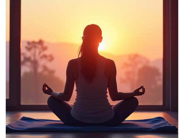 Una persona seduta in posizione meditativa al tramonto, trasmettendo calma e pace interiore.