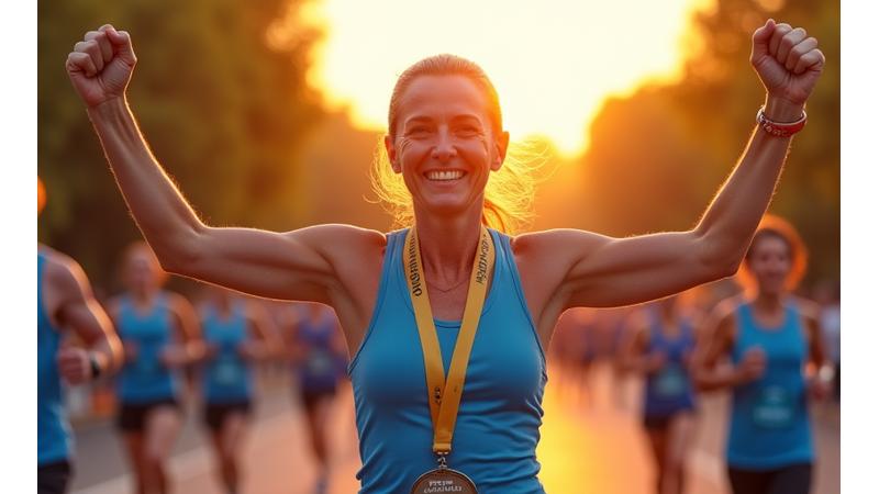 Anna sorride trionfante dopo aver tagliato il traguardo di una maratona, con la medaglia al collo.