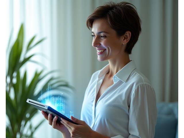 Donna sorridente che regge un tablet con grafici di benessere e prodotti per la salute, ambientazione pulita e moderna con elementi naturali.