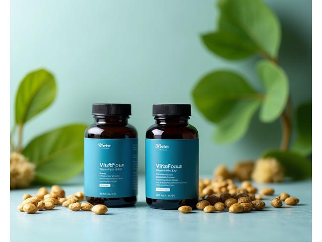 Eleganti flaconi di integratori nootropici, con erbe e foglie verdi sullo sfondo.