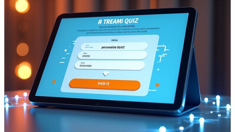Interfaccia di un quiz online per la personalizzazione delle raccomandazioni di prodotti wellness, con elementi grafici di intelligenza artificiale.