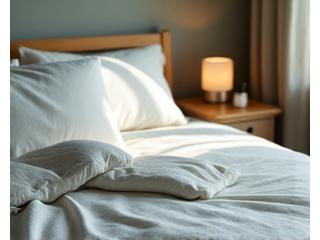 Federa morbida, mascherina per il sonno e diffusore di oli essenziali in una camera serena.