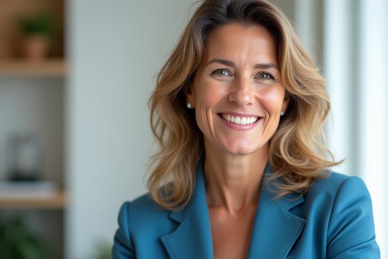 Ritratto professionale di un coach di benessere VitaAurora sorridente in un ufficio moderno.