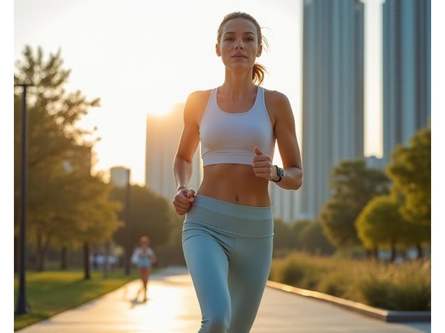 Donna professionista che fa jogging al tramonto, simbolo di energia e performance.