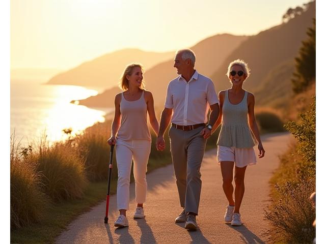 Coppia anziana attiva che cammina in natura, simboleggiando la longevità e la vitalità.
