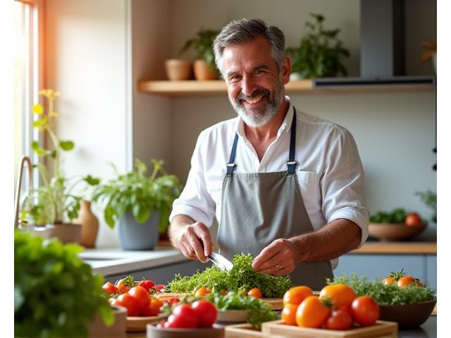 Uomo sorridente che prepara un'insalata colorata, simbolo di un approccio sano alla gestione del peso.