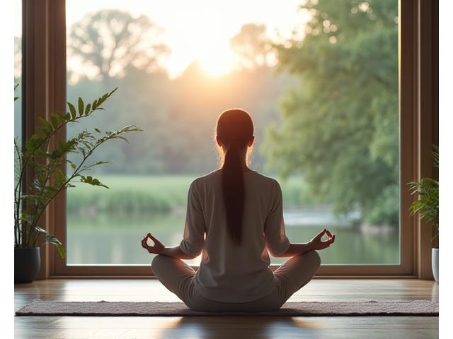 Persona in meditazione calma in un ambiente naturale, evocando riduzione dello stress e mindfulness.