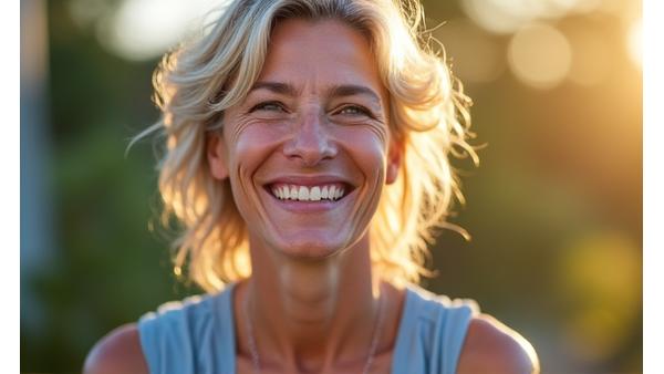 Donna sorridente che racconta la sua esperienza positiva di trasformazione grazie a VitaAurora.