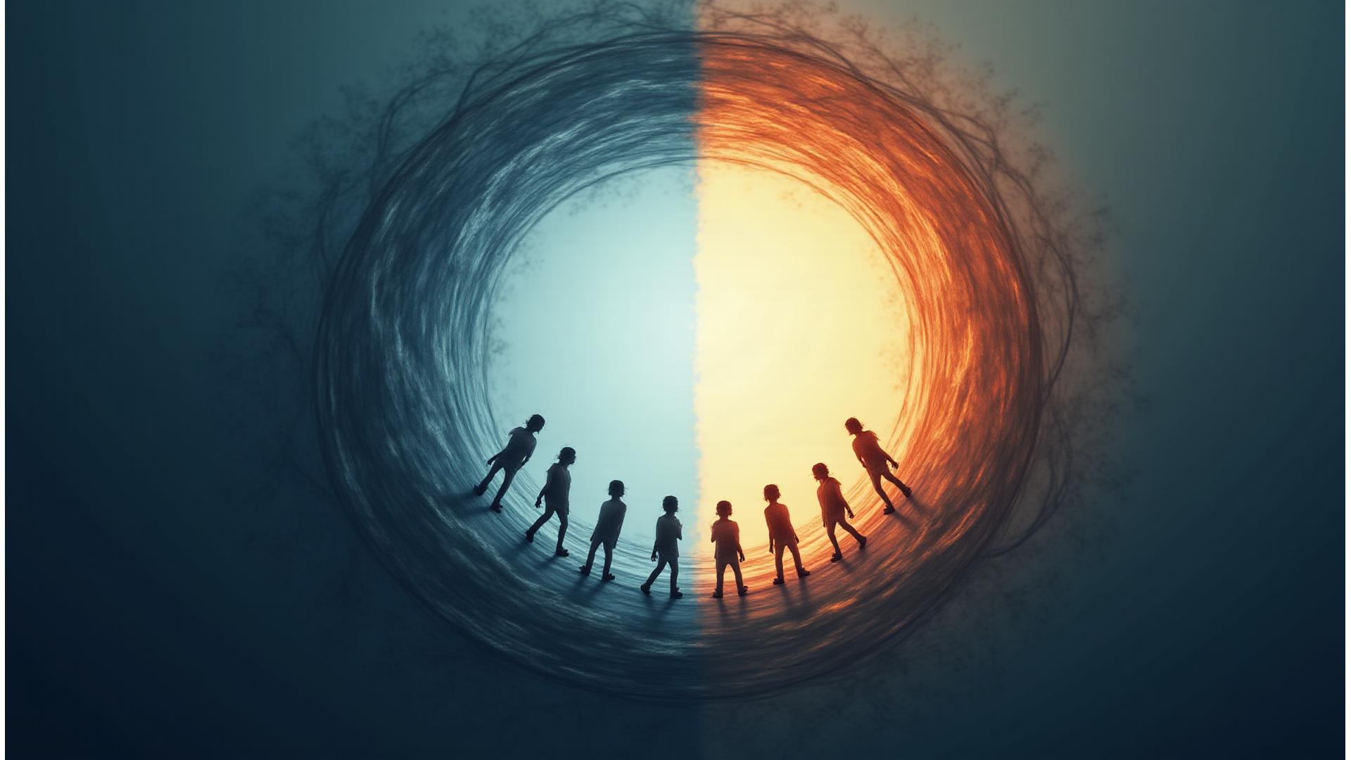 Visualizzazione stilizzata del ciclo stress-insonnia con figure umane rilassate e al lavoro
