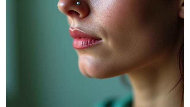 Primo piano di una persona che utilizza un dispositivo wearable per il breathwork, con onde sonore visualizzate sullo sfondo.