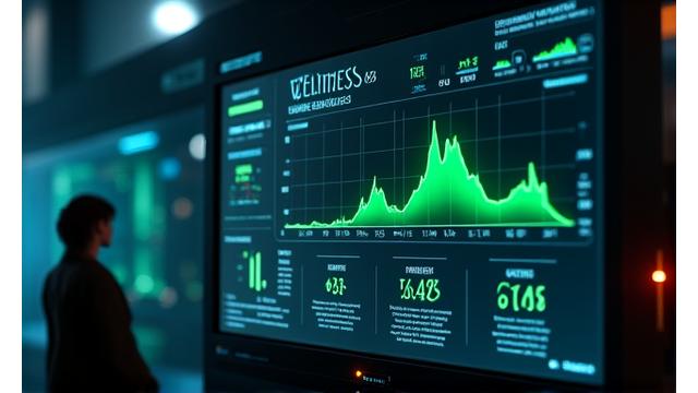 Dashboard digitale con grafici e dati relativi al benessere, visualizzata su uno schermo futuristico.