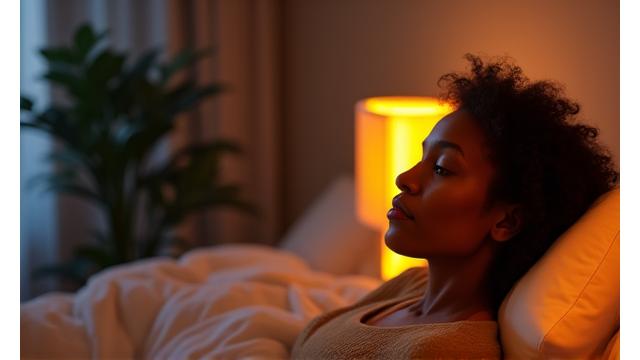Persona che riceve terapia della luce tramite un dispositivo elegante, con un'aura di luce calda e rilassante in un ambiente moderno.