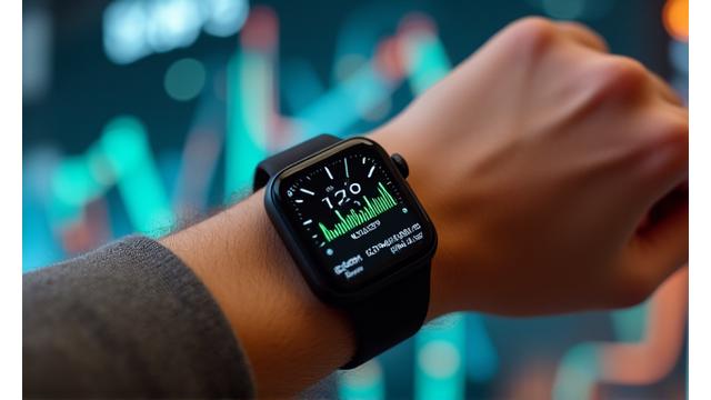 Persona che indossa uno smartwatch avanzato che mostra dati biometrici su uno sfondo astratto di dati digitali.